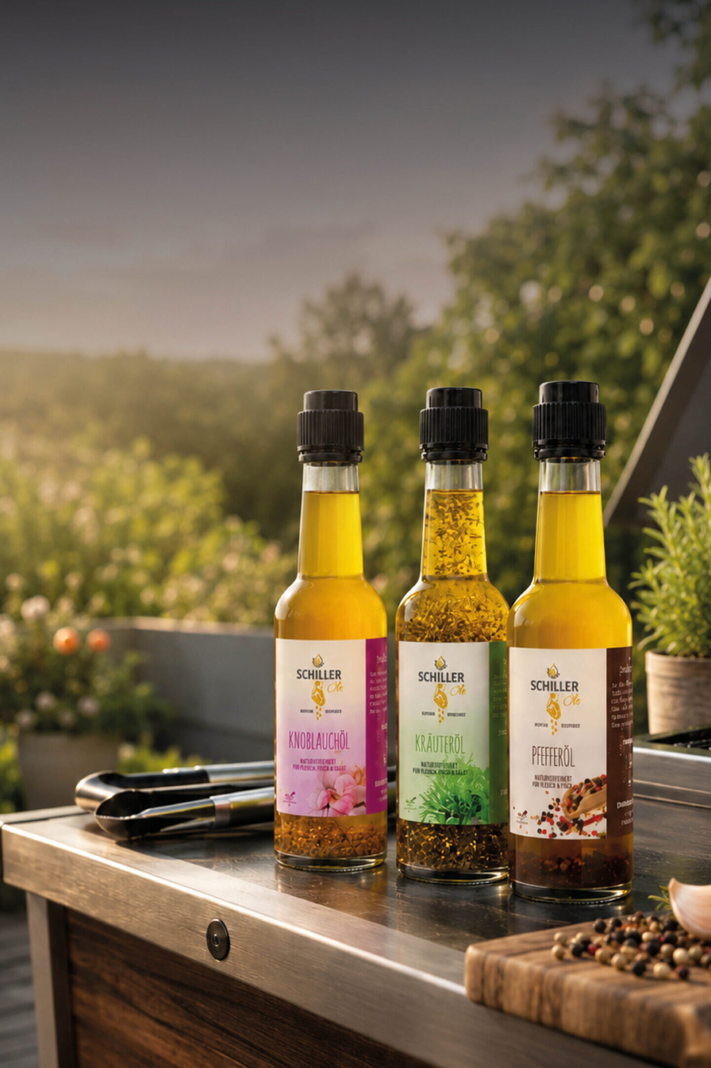 Grillmeister – Knoblauch-, Kräuter- & Pfefferöl-Geschenkset (250ml)