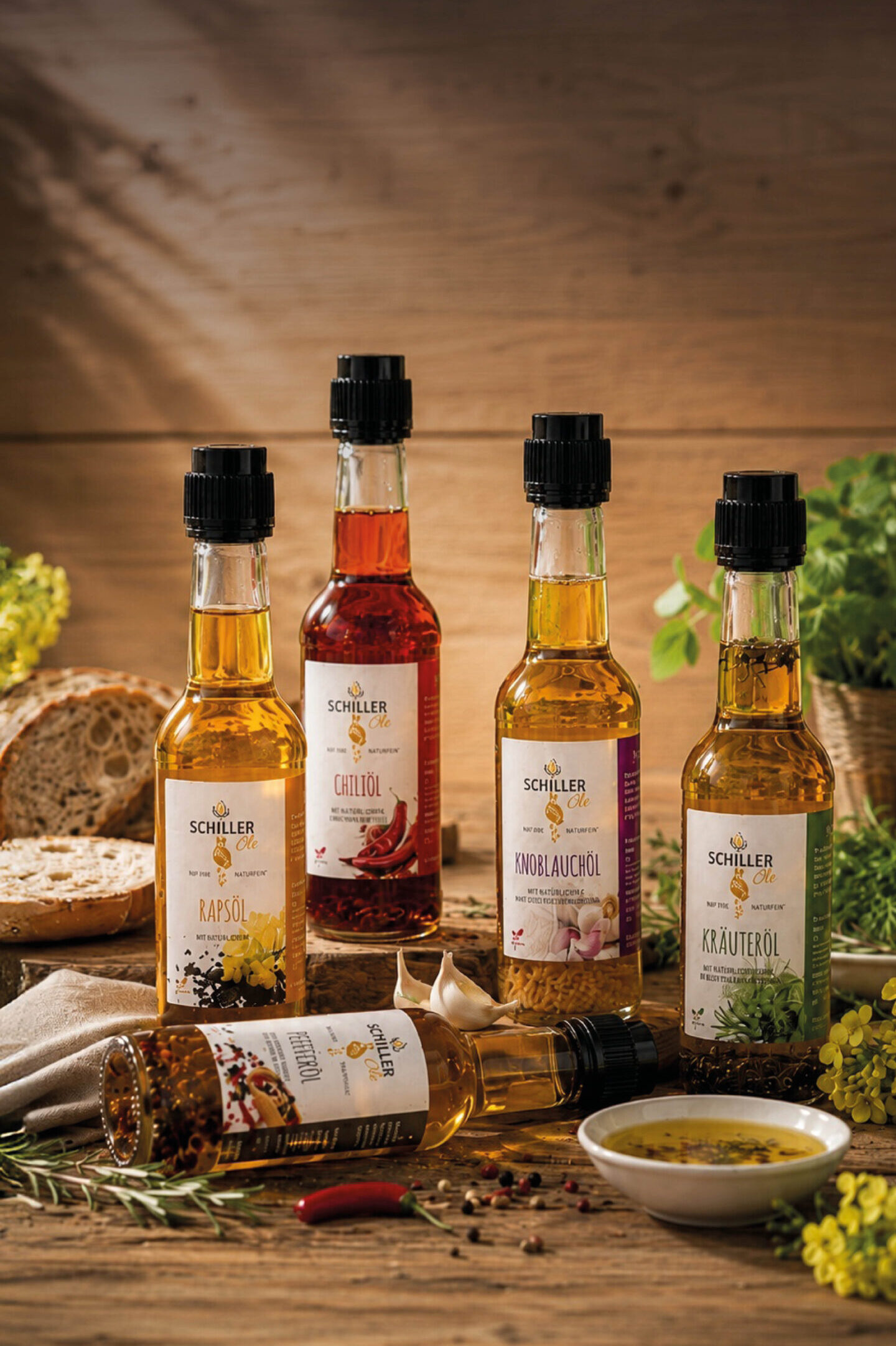 Probierset – Alle Rapsöle im Set: Natur, Knoblauch, Kräuter, Chili & Pfeffer (250ml)